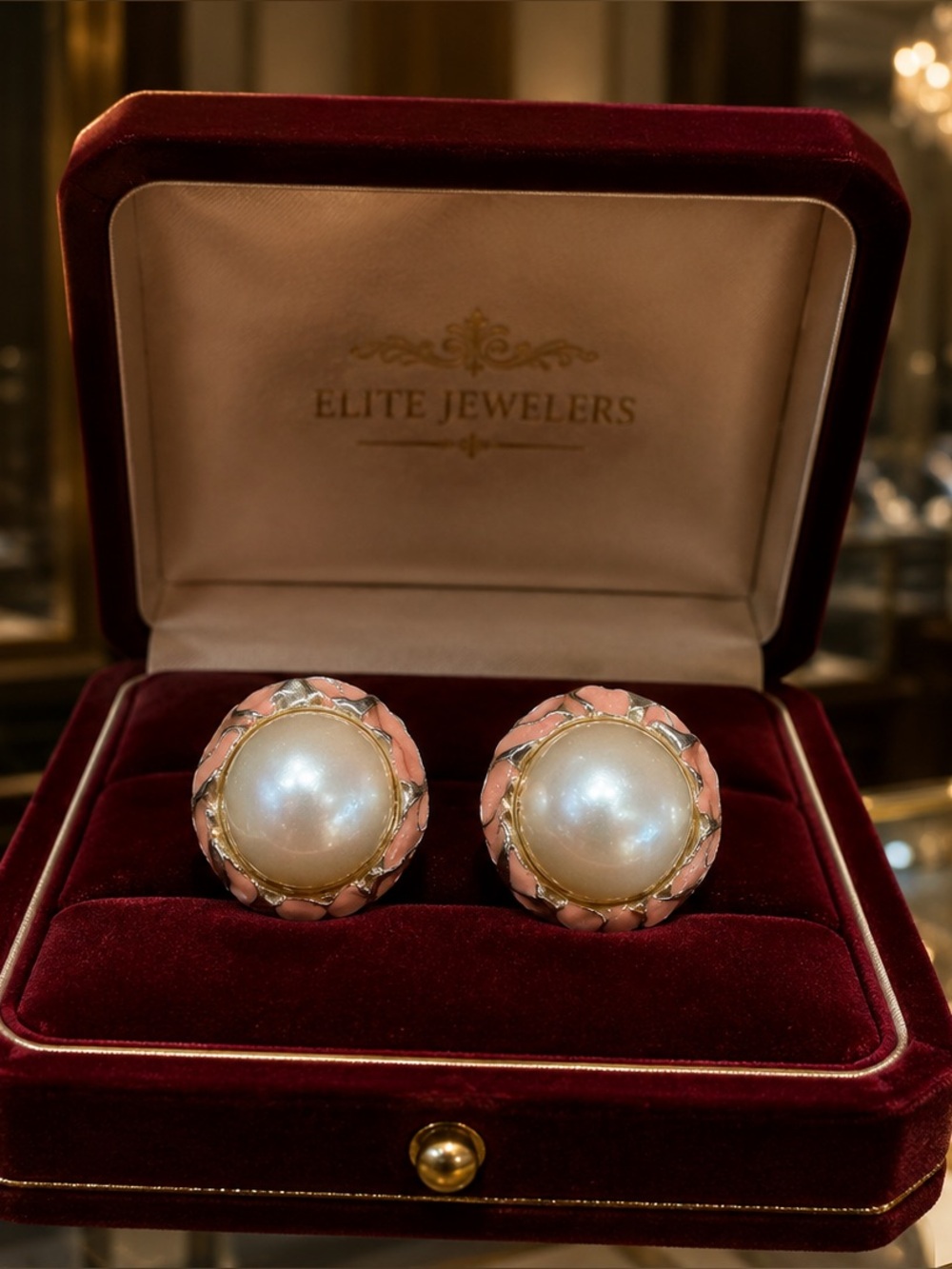 Donald Stannard Vintage Pearl Coral & Gold Enamel Earrings Janis Paige Estate